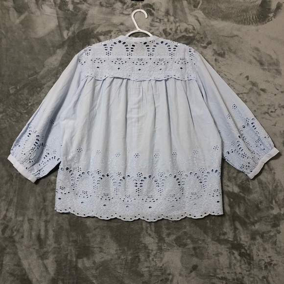 H&M Women Blouse Size 14 Embroidered Eyelet Scalloped Hem Cottagecore Boho - Picture 6 of 12